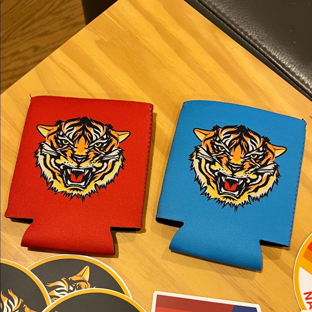 Aviator Nation Red and Blue Tiger Can Coolers with Stickers - Picture 2 of 6